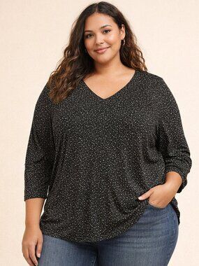 Ulla Popken black with tan and white spots 32/34 Women's Tunic Top poly blend